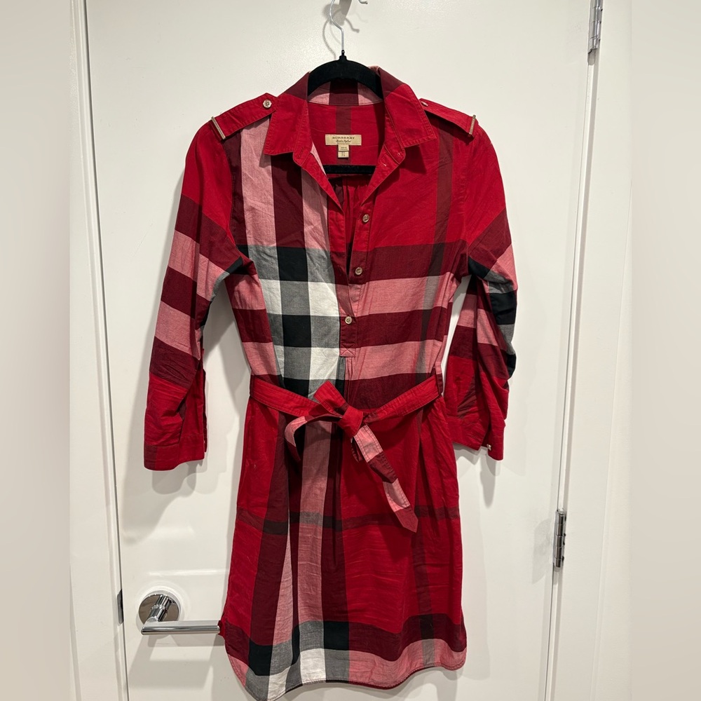 Burberry Red and Black Plaid Long Sleeve Dress